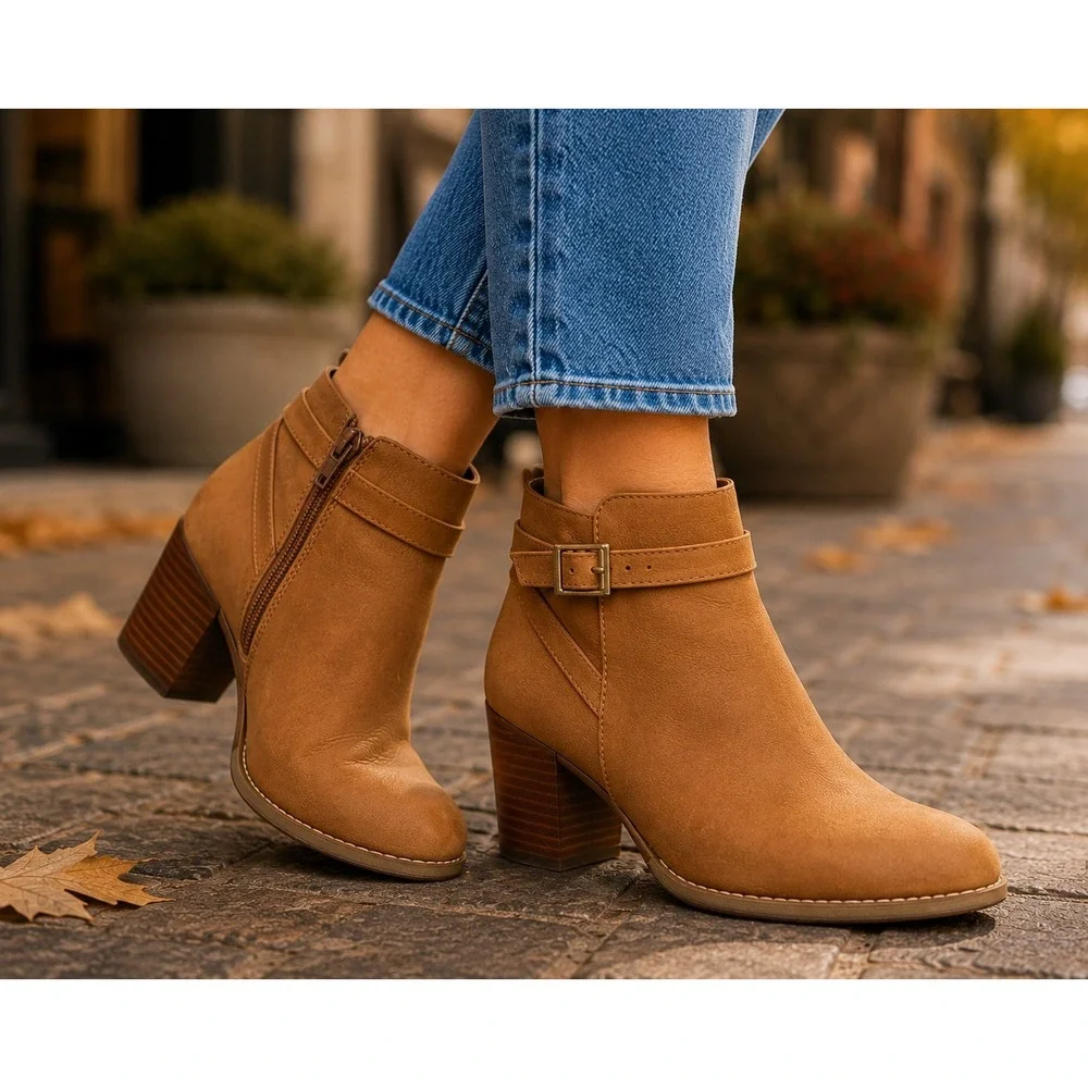 Vionic Upton Tan Leather Ankle Boots Block Heel Buckle Zip Women's 8